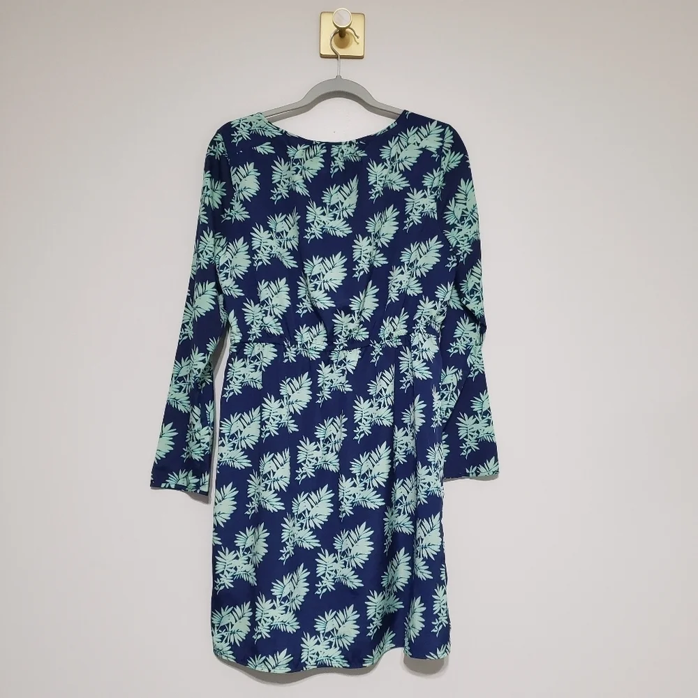 J. Crew Leaf Print Long Sleeve Dress 10 Navy Blue Mint Green Faux Wrap Lined